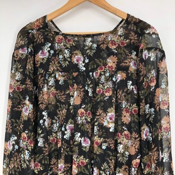 Pleione  Black Floral Peasant Tunic sheer balloon sleeve blouse LG - Picture 10 of 16